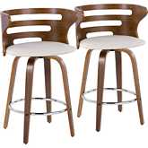Cosini 26" Swivel Bar Stool in Walnut Wood & Cream Leatherette with Chrome Footrest (Set of 2)